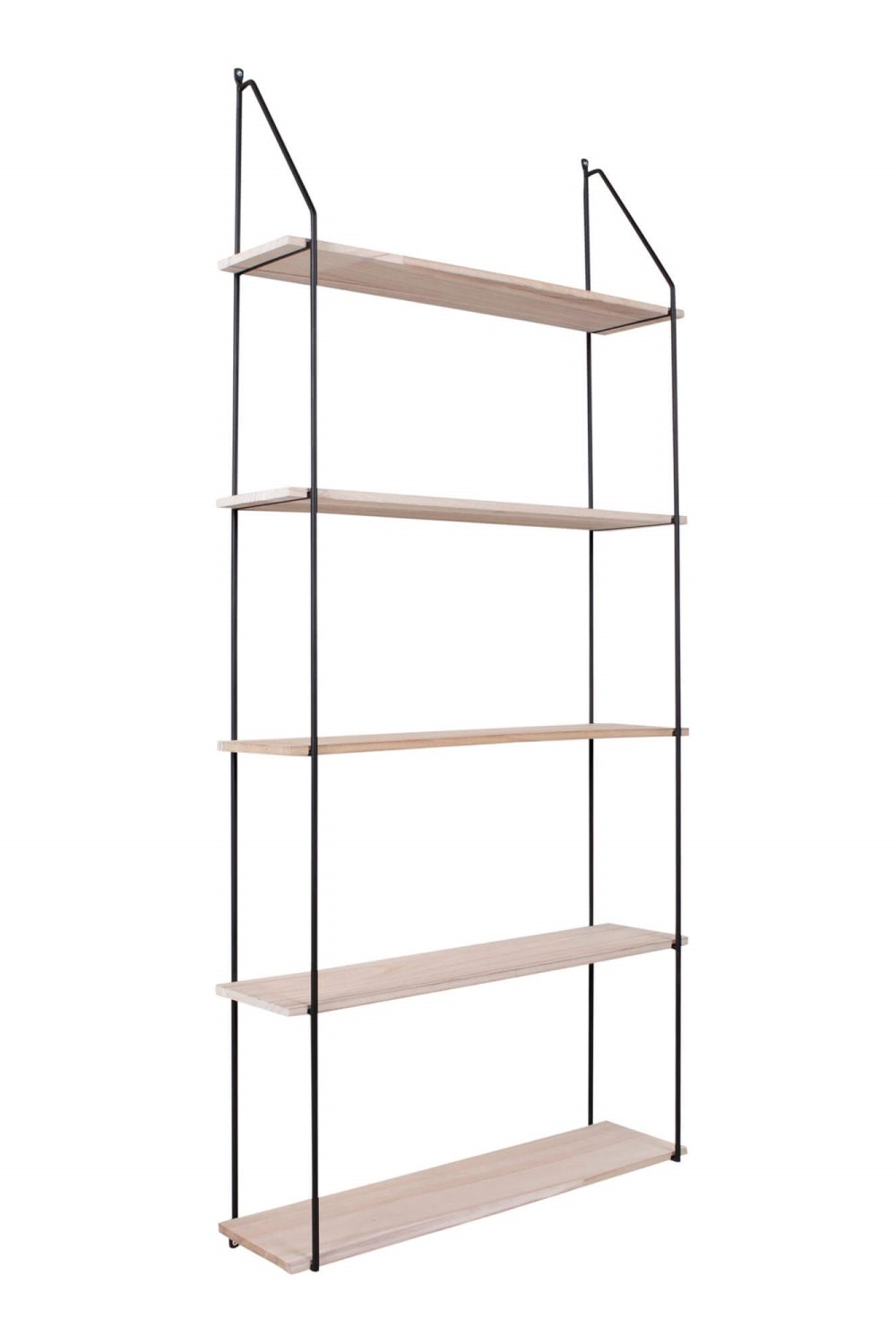 Ein minimalistisches wandmontiertes Regalsystem mit fünf Holzregalen und schwarzen Metallstützen.