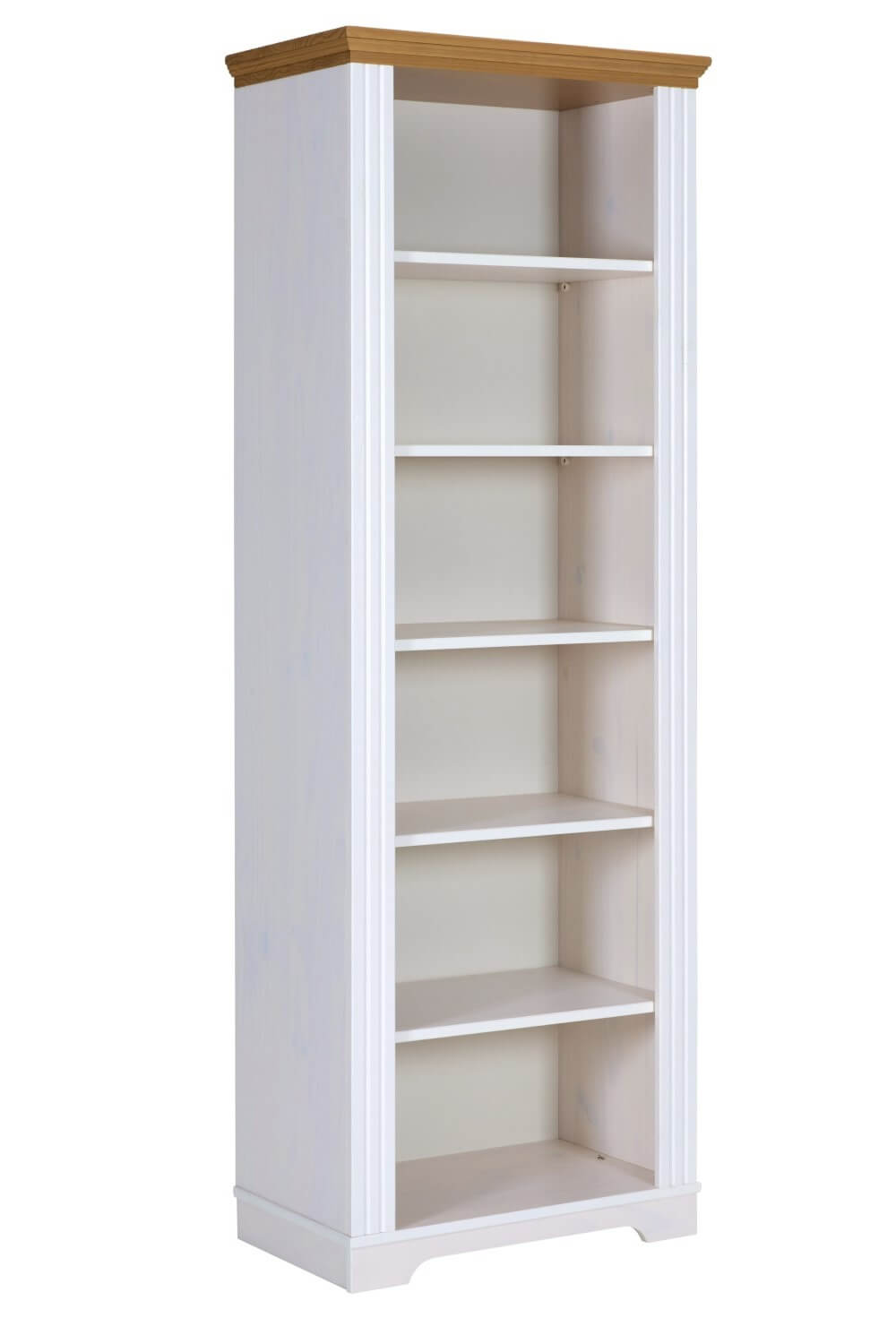 Hohe weiße Regal mit s einer Holztopplatte, die auf einem einfachen Sockel steht.