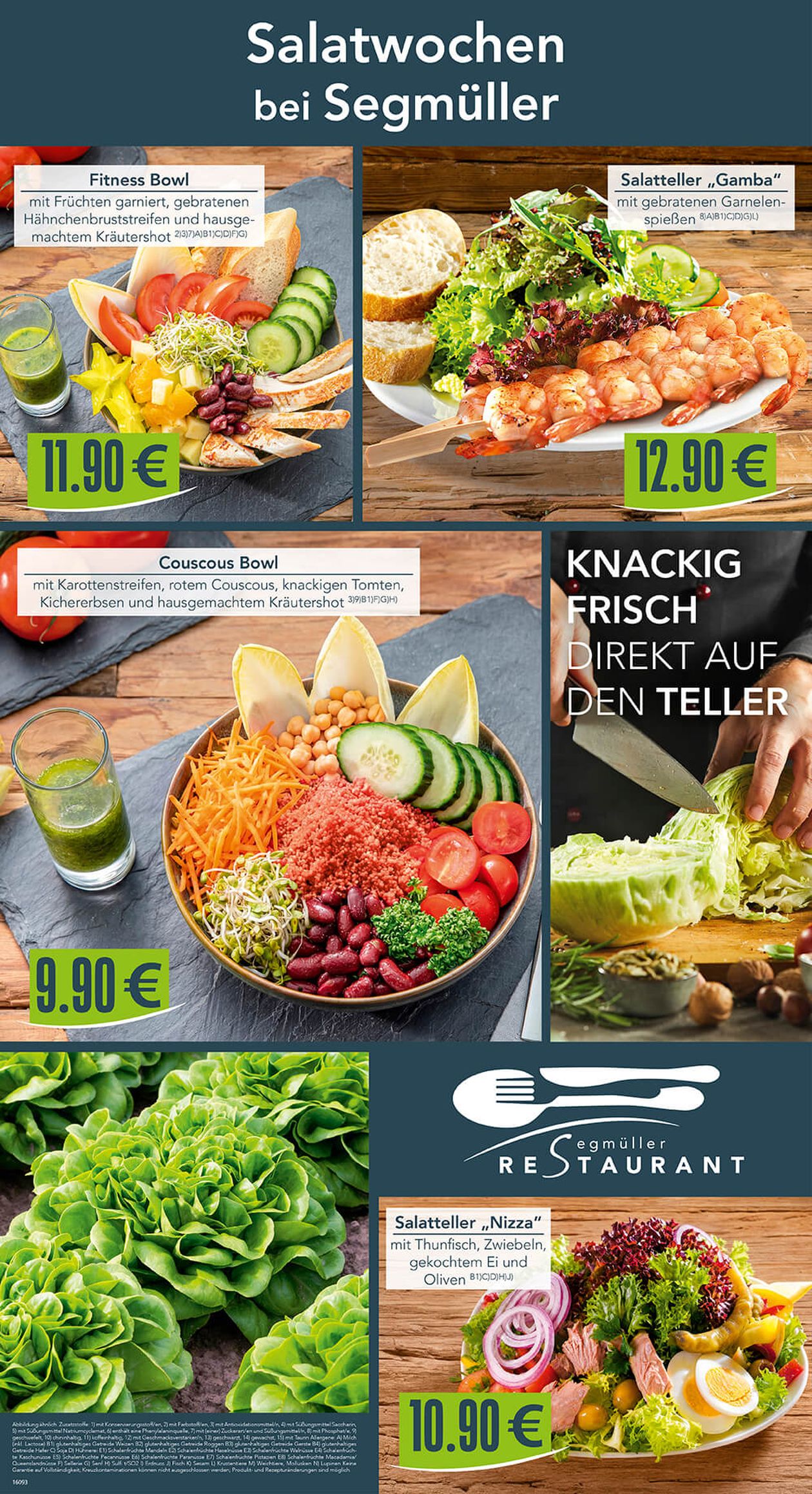 Werbung für "Salatwochen bei Segmüller" mit verschiedenen Salatgerichten von Fitness Bowl über Couscous Bowl, Salatteller „Nizza“ bis zum Salatteller „Gamba“. Preise von 9,90 € bis 12,90 €.