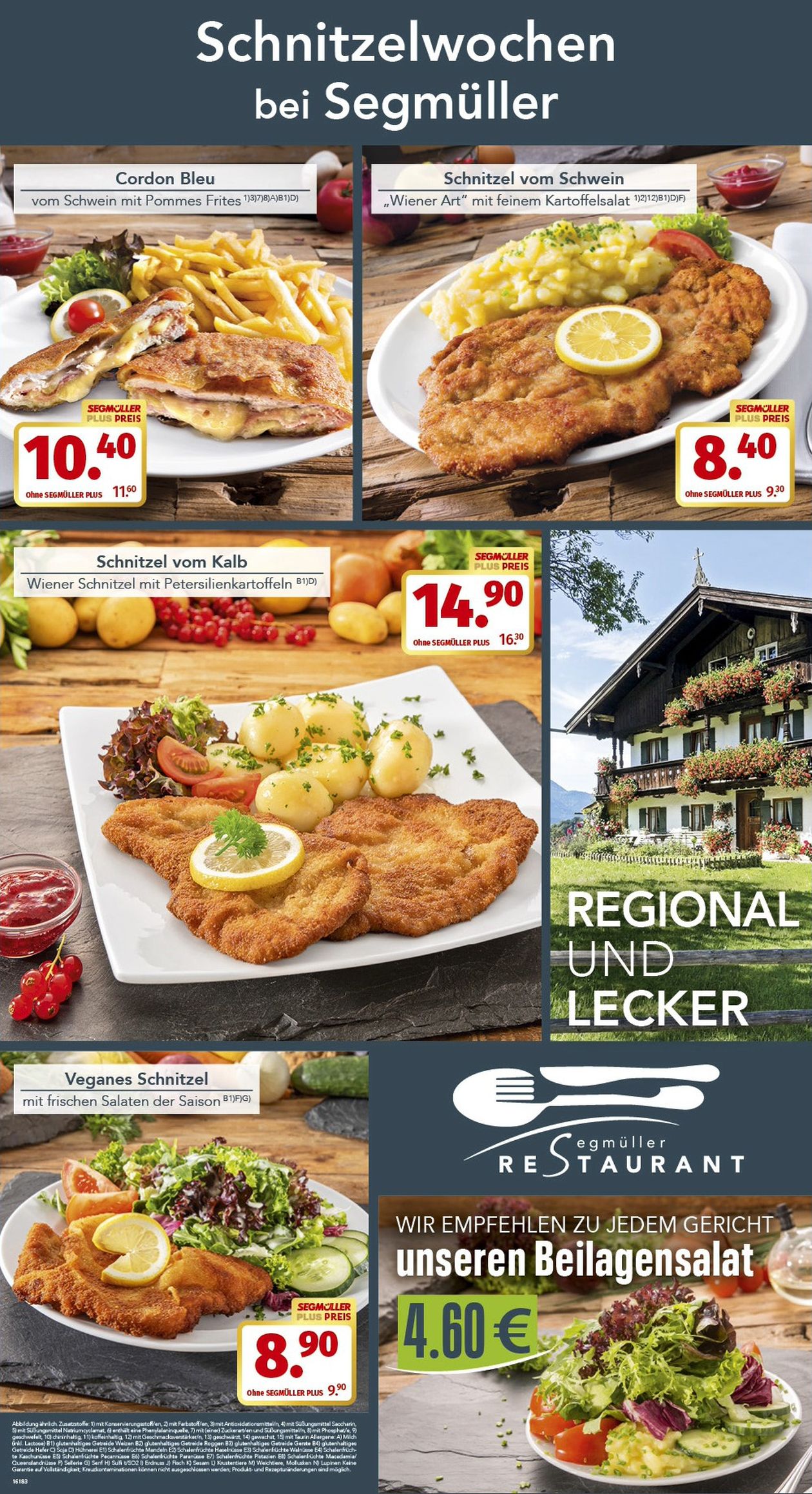 Werbung für Schnitzelwochen bei Segmüller mit verschiedenen Schnitzelgerichten, Preisen und einem Beilagensalat-Angebot.