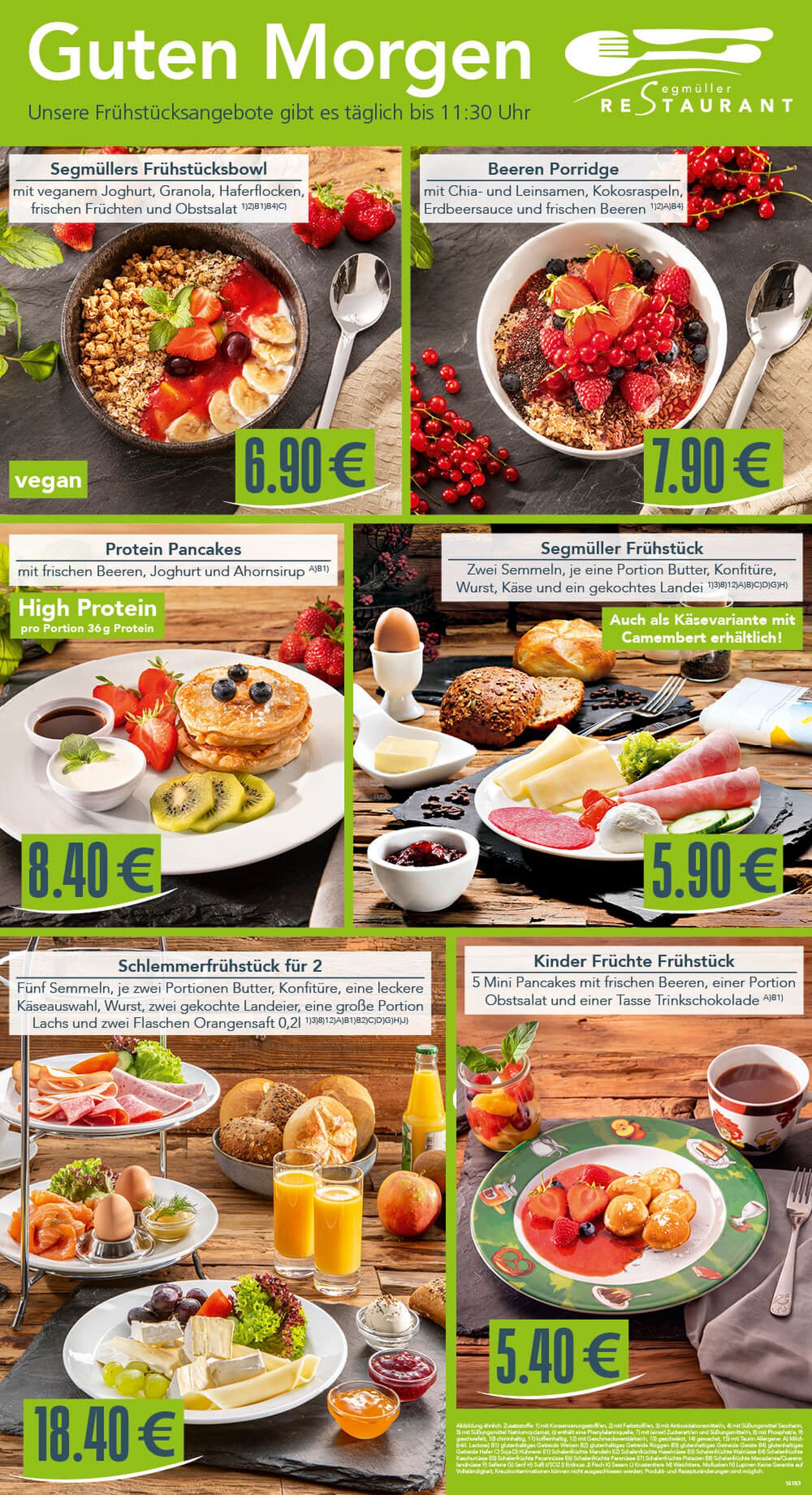 Frühstücksangebote mit Bildern und Preisen: Bowls, Porridge, Pancakes, Wurst, Käse, Kinderfrühstück und Schlemmerfrühstück für zwei.