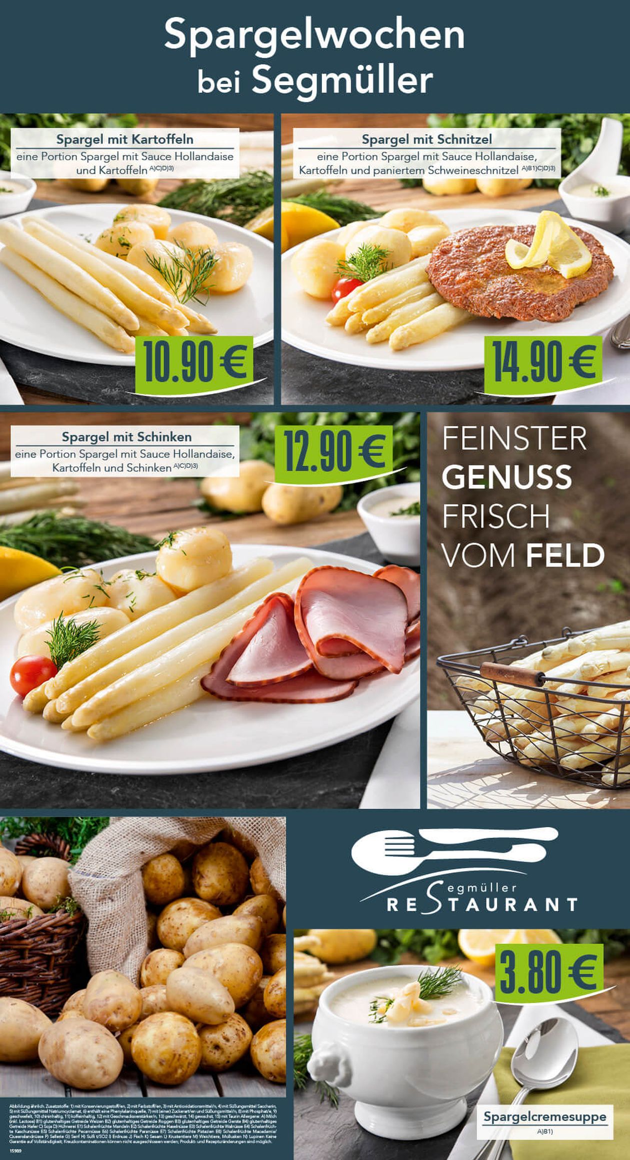 Menükarte des Segmüller-Restaurants zu den „Spargelwochen“ bei Segmüller mit verschiedenen Spargel-Gerichten mit Kartoffeln, Schnitzel oder Schinken sowie eine Spargelsuppe.