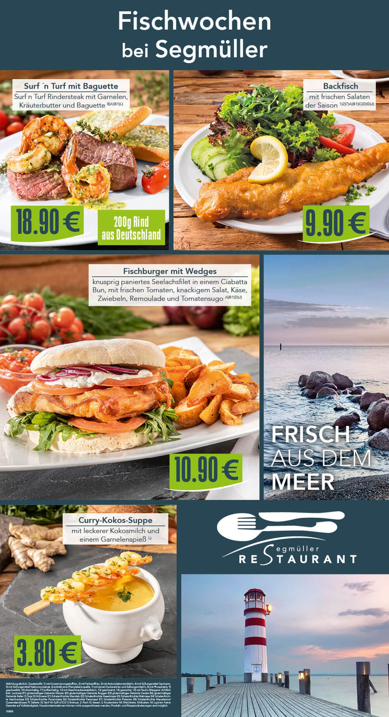 Menükarte des Segmüller-Restaurants mit frischen Fischwochen-Angeboten: Oben links ein Surf ’n’ Turf mit Rindfleisch und Garnelen, oben rechts ein knuspriger Backfisch mit frischem Salat, in der Mitte ein Fischburger mit Wedges und unten eine Curry-Kokos-Suppe mit Garnelen. Im Hintergrund sind maritime Motive wie das Meer und ein Leuchtturm zu sehen.