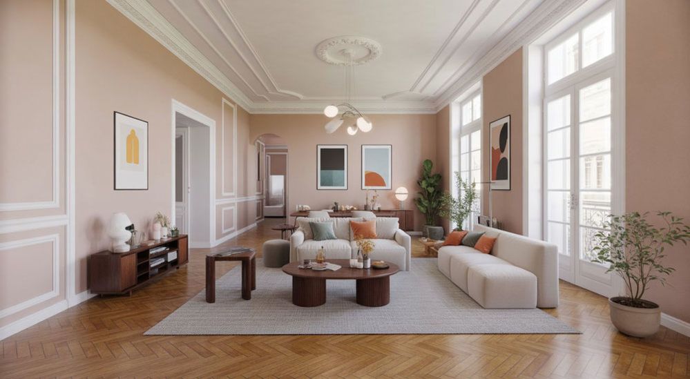 Elegantes Wohnzimmer mit beigefarbenen Wänden, modernen Möbeln, abstrakter Kunst und großen Fenstern. Heller Holzboden und Deckenelemente runden das Bild ab.