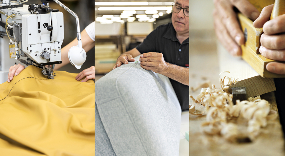 Verschiedene Arbeitsumgebungen der SEGMÜLLER WERKSTÄTTEN in Nahaufnahme - Näherei, Polsterei und Holzverarbeitung