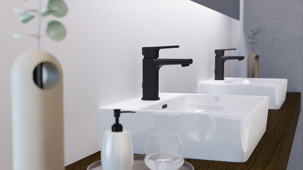 Moderne Badezimmerwaschbecken mit schwarzen Wasserhähnen auf einer Holzablage, ausgestattet mit einem Seifenspender und einer Vase mit Grünpflanzen.