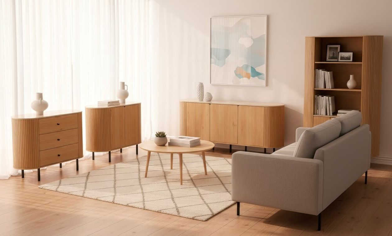 Helles Wohnzimmer mit Möbelserie aus hellem Holz mit Lamellenfronten: Kommode mit drei Schubladen, Sideboard und Regal, dazu ein beiges Sofa und runder Couchtisch auf gemustertem Teppich.
