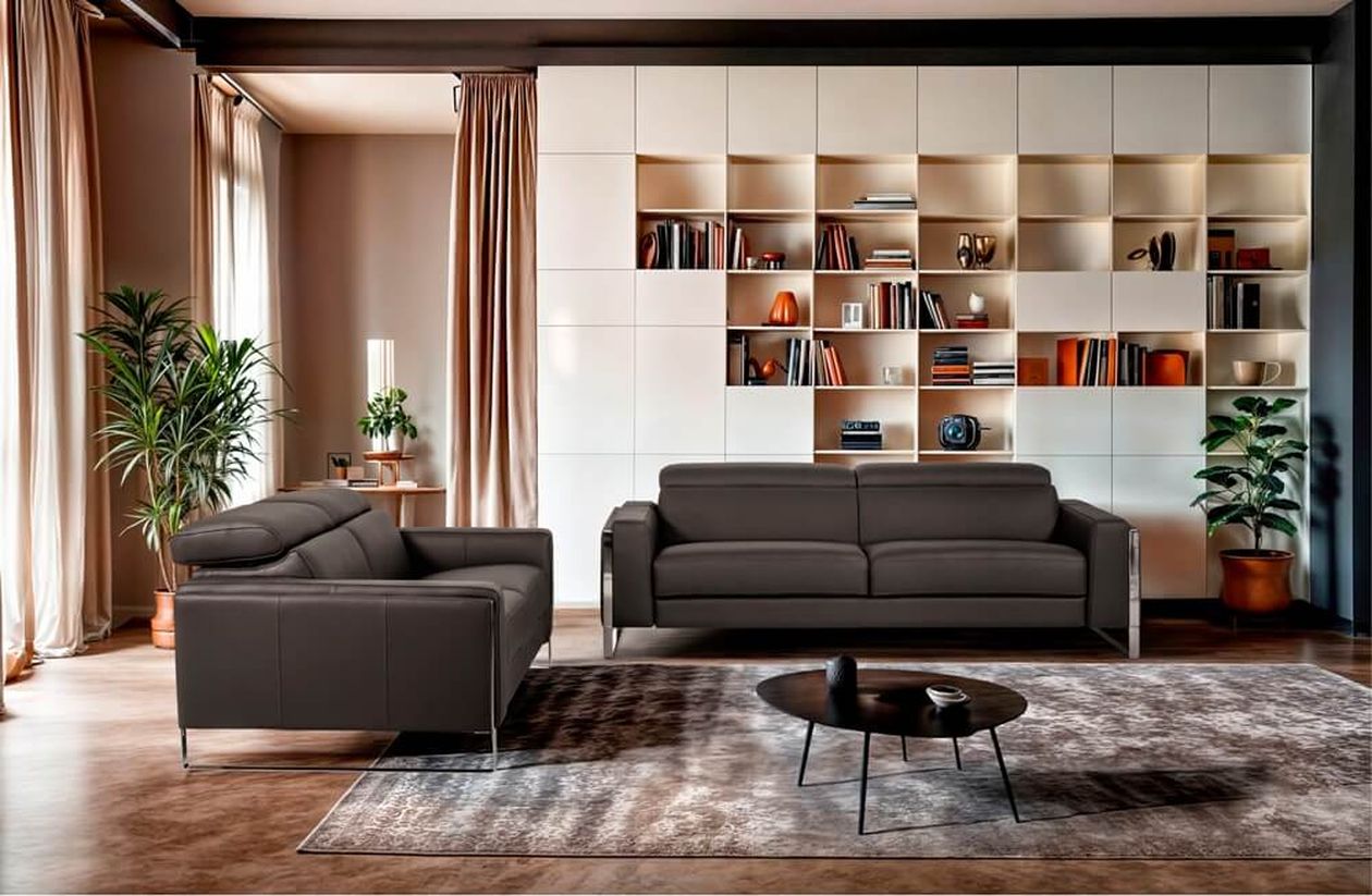 Modernes Wohnzimmer mit dunklen Ledersofas, einem runden Couchtisch und einer Regalwand voller Bücher und Deko. Warme Beleuchtung und Pflanzen.