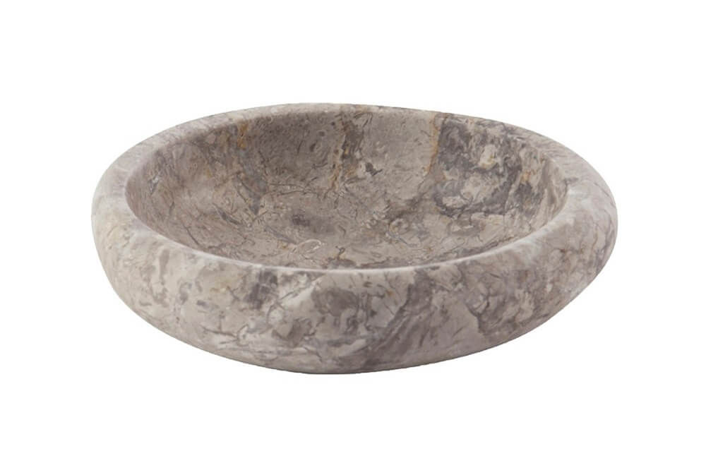 Runde graue Seifenschale aus Marmor mit einer glatten, polierten Oberfläche und feinen Aderungsmustern.