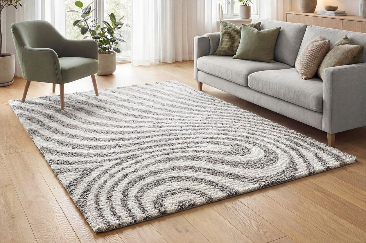 Wohnzimmer mit grauem Sofa, grünem Sessel, gemustertem Teppich und Holzboden, Pflanzen am Fenster.