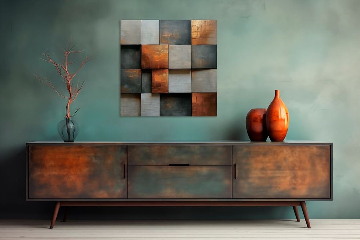 Ein moderner Raum mit einer blaugrünen Wand, abstrakten Metallkunstwerken, einem hölzernen Sideboard und orangefarbenen Vasen. Ein kahler Zweig in einer Glasvase sorgt für Eleganz.