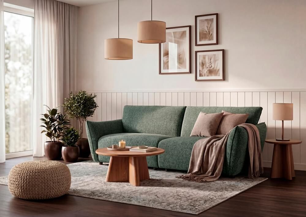 Grünes Dreisitzer-Sofa mit weichen Polstern in einem gemütlichen Wohnzimmer mit Holzcouchtisch, Pendelleuchten, Zimmerpflanzen und Galeriewand.
