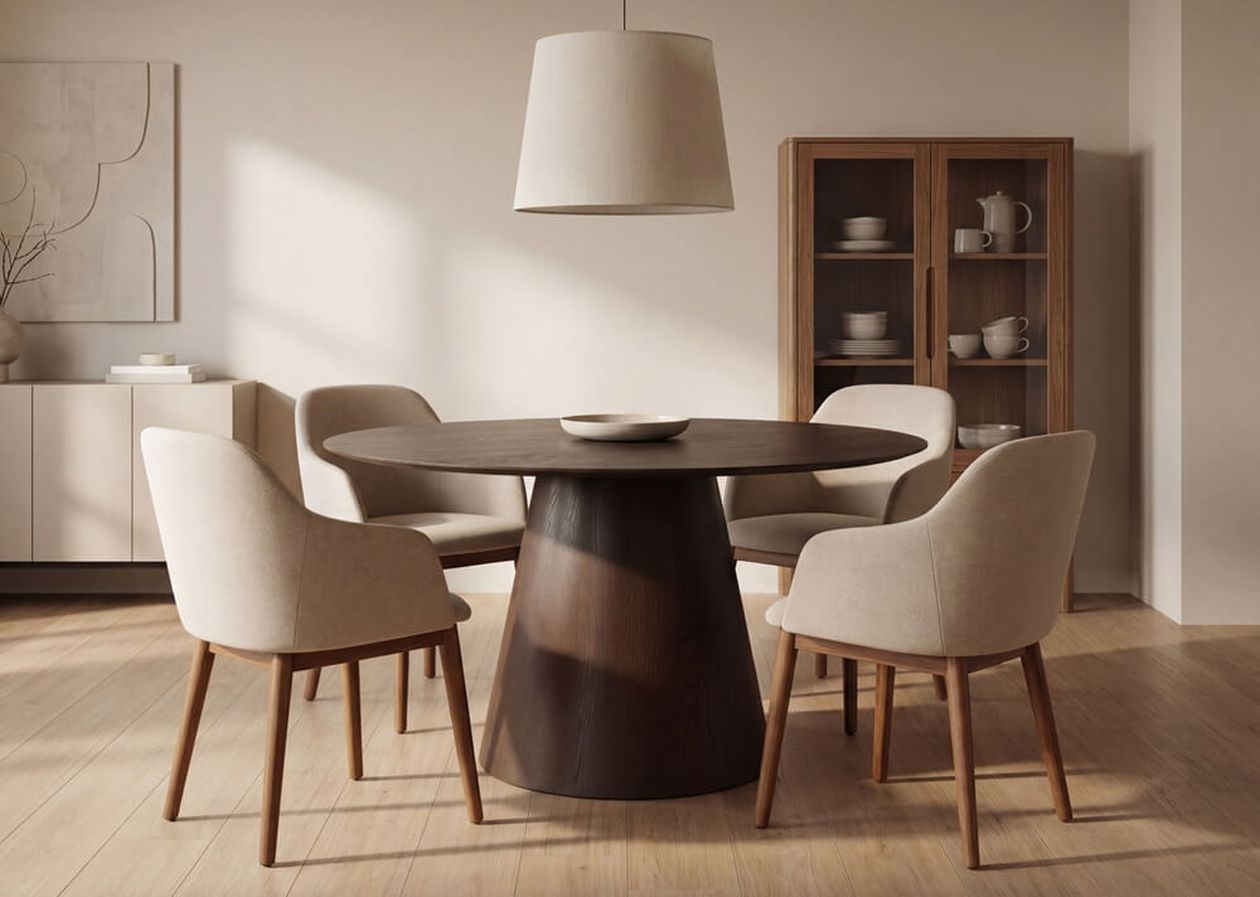 Runder Esstisch aus dunklem Walnussholz mit massivem konischem Mittelfuß, umgeben von vier beigen Polsterstühlen mit Holzbeinen in einem hellen Esszimmer mit Vitrinenschrank und beiger Pendelleuchte.