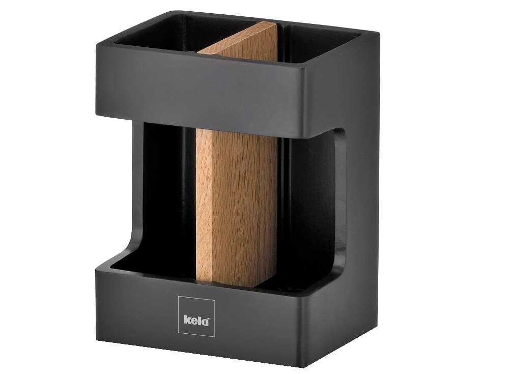 Schwarzer Zahnbürstenhalter mit einem herausnehmbaren Trennelement aus Holz. Schlicht und markant wirkender Behälter.