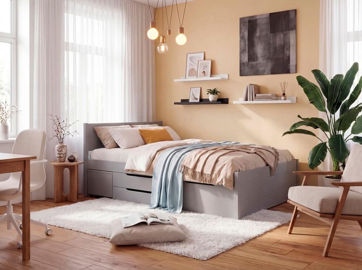 Graues Funktionsbett mit integrierten Schubladen in einem hellen Schlafzimmer mit pfirsichfarbener Wand, dekoriert mit Kissen, Decken und Wandregalen.