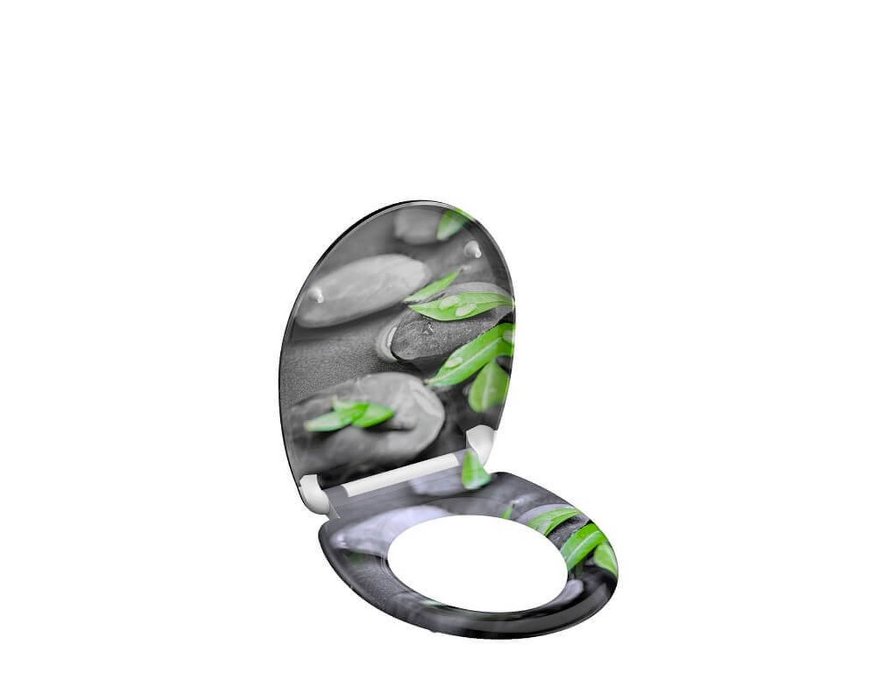 WC-Sitz mit einem Design aus glatten grauen Steinen und grünen Blättern.