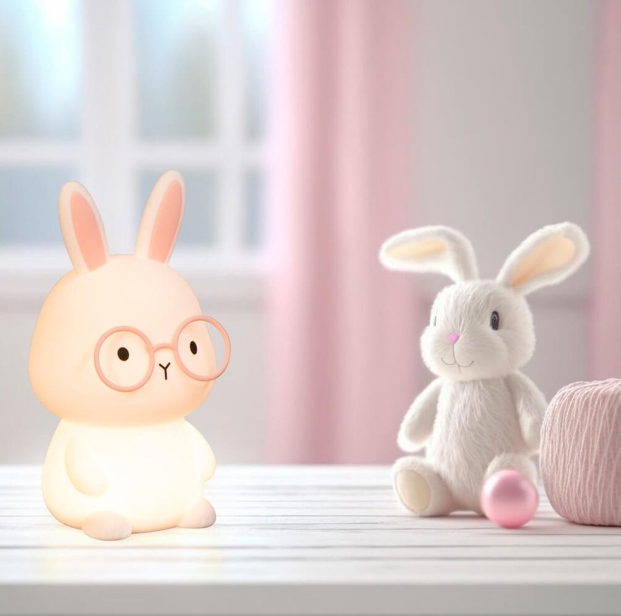 Nachtlampe in Form eines Hasen mit Brille auf einem Tisch, daneben ein weißes Hasen-Stofftier und rosa Dekoration im Hintergrund.