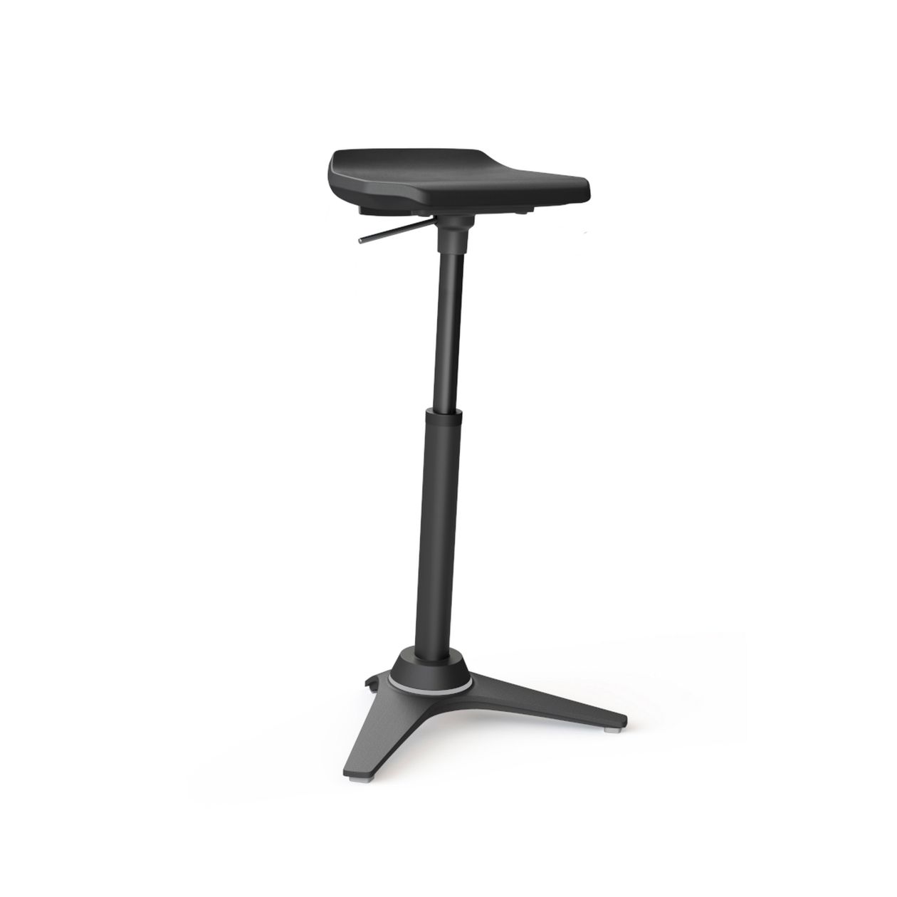 Ein eleganter schwarzer Barhocker mit geschwungener Rückenlehne und vier Beinen, ausgestattet mit einer Fußstütze, auf weißem Hintergrund.