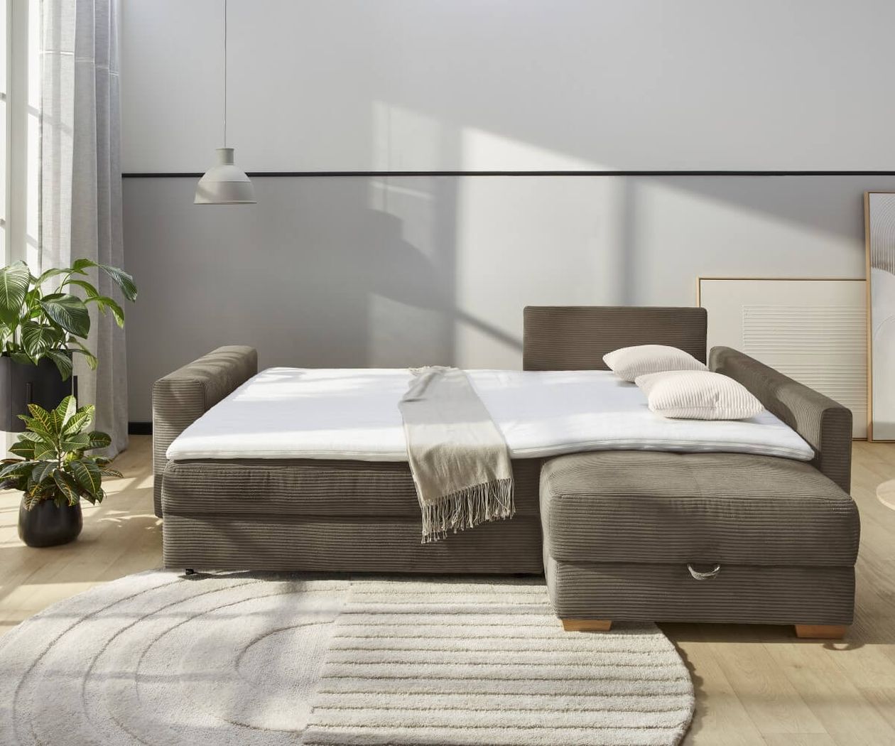 Modernes Wohnzimmer mit einem ausgeklaptem grauen Schlafsofa, weißen Bettwäsche und Kissen. Ein Teppich, Topfpflanzen und eine Pendelleuchte ergänzen die Einrichtung.