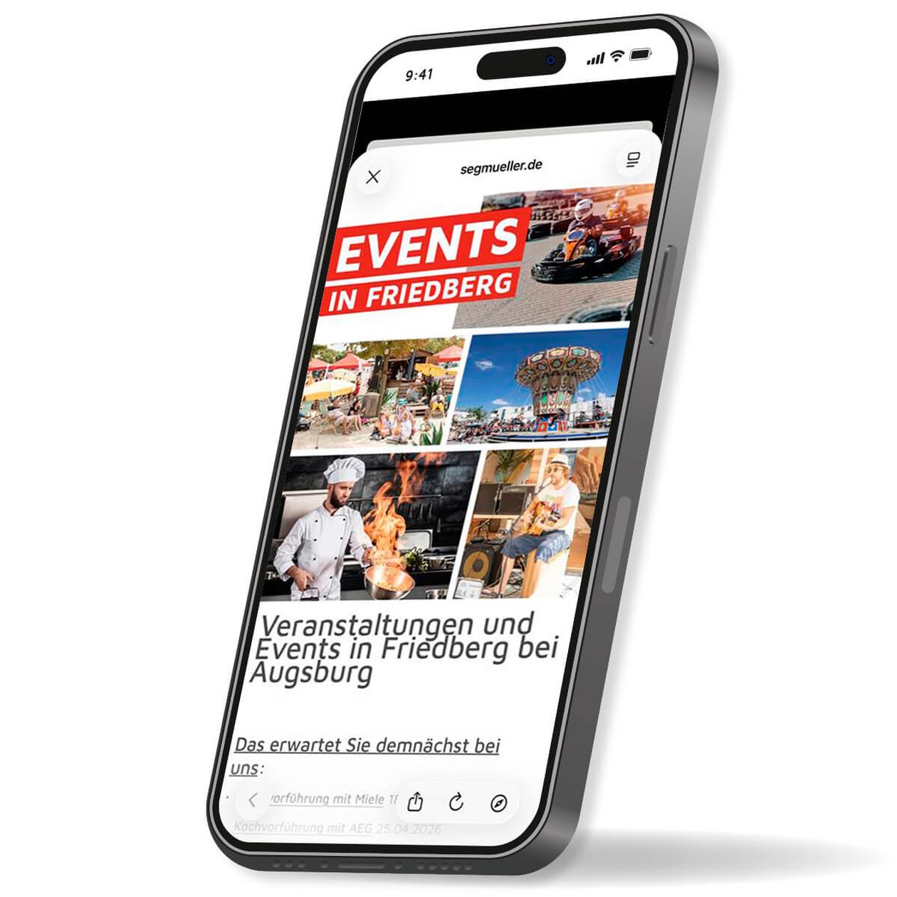 Auf einem Smartphone wird eine Webseite mit dem Titel „Veranstaltungen in Friedberg“ angezeigt, auf der verschiedene Veranstaltungsbilder zu sehen sind, darunter auch Bilder von Koch- und Outdoor-Aktivitäten.