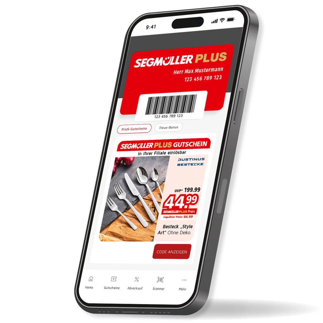 Auf einem Smartphone wird ein Segmüller Plus-Gutschein angezeigt, der Informationen zum Rabatt auf ein Besteckset sowie einen Barcode auf dem Bildschirm enthält.