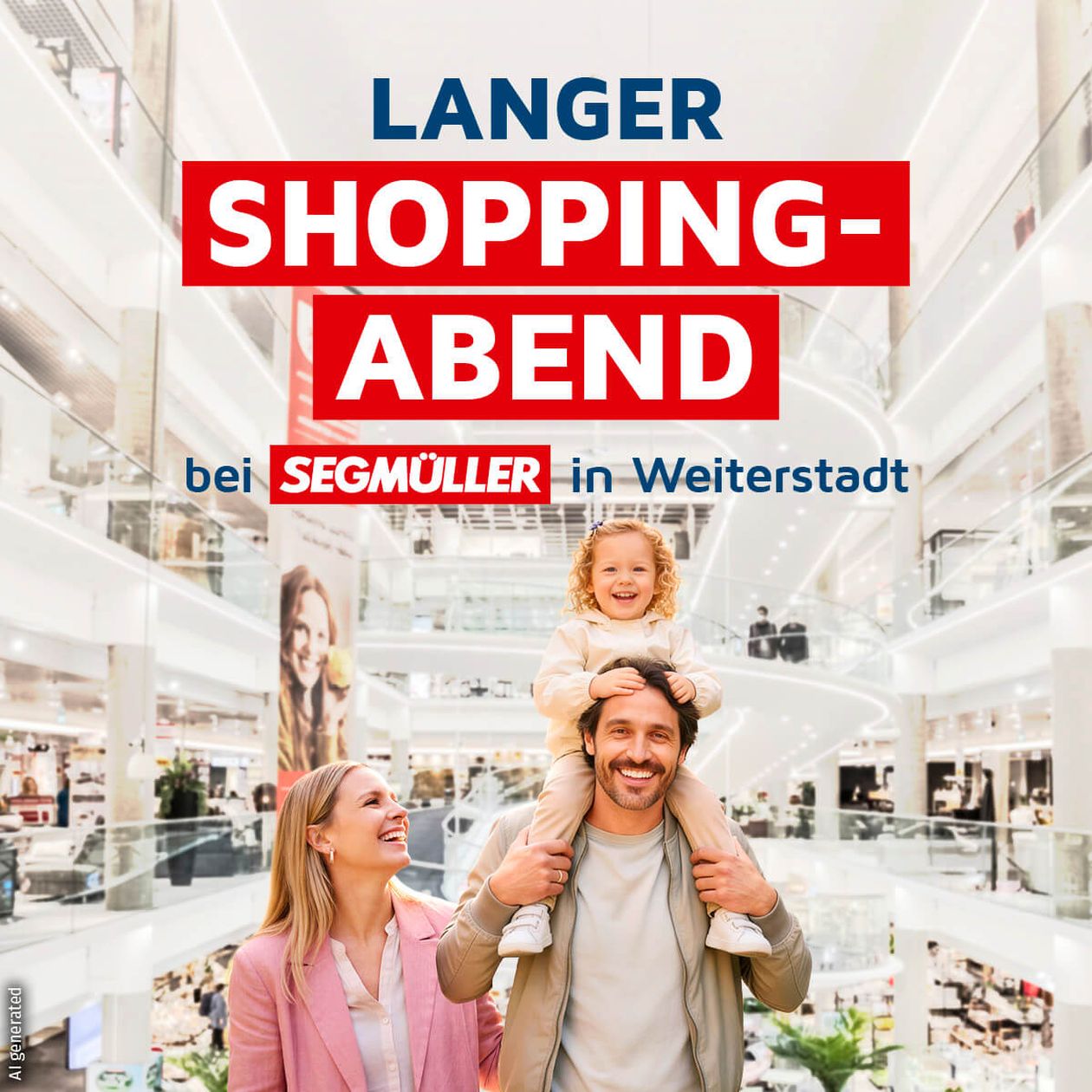 Ein lachendes Paar mit Kind auf den Schultern im Einrichtungshaus von SEGMÜLLER. Text: "Langer Shopping-Abend bei Segmüller in Weiterstadt."