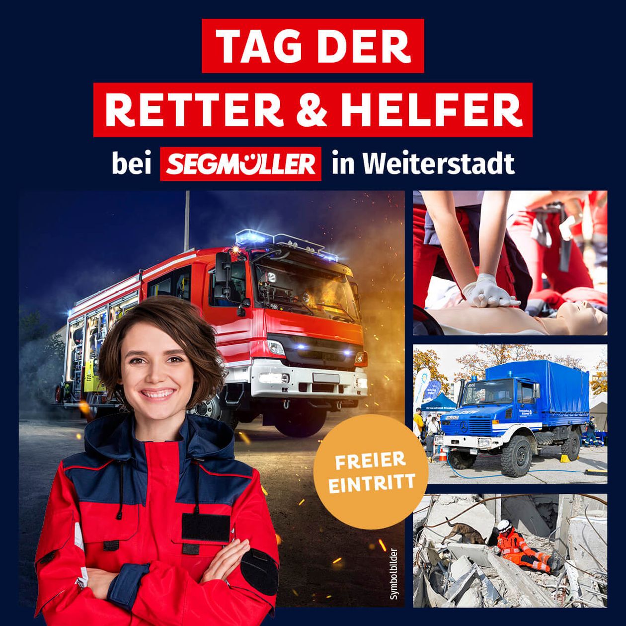 Werbung für den "Tag der Retter & Helfer" bei Segmüller in Weiterstadt. Bilder von Einsatzfahrzeugen, Rettungsszenen und einer Rettungskraft. Freier Eintritt.