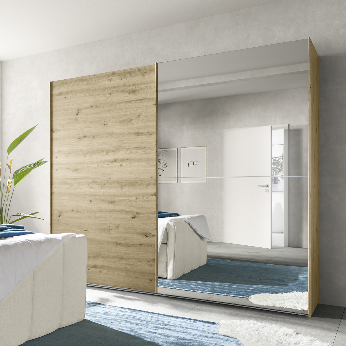 Schwebetürenschrank Henderson von set one by Musterring mit einem Design in Eiche Artisan und einem großen Spiegel