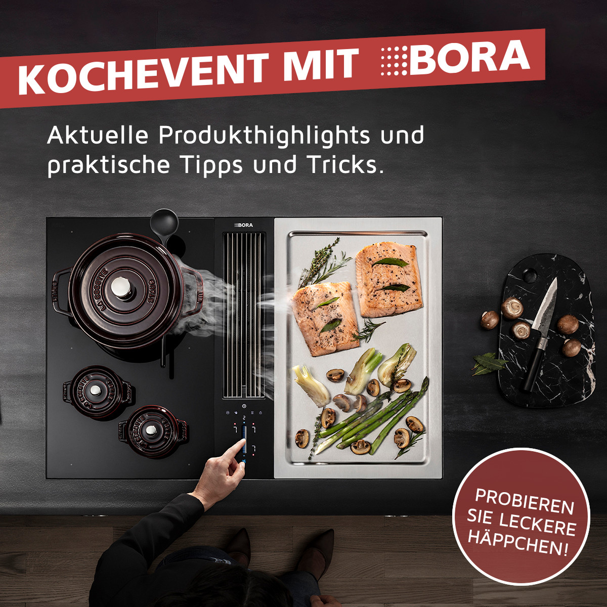 Aufnahme eines modernen Kochfeldes der Marke Bora mit integriertem Dunstabzug und einer Grillfläche mit Fisch und Gemüse