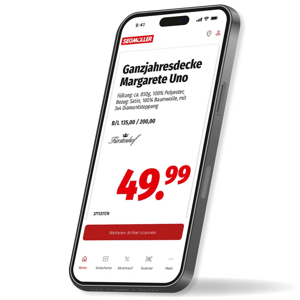 Smartphone mit Produktanzeige für „Ganzjahresdecke Margarete Uno“ von Segmüller zum Preis von 49,99, inklusive Details und Navigationssymbolen.