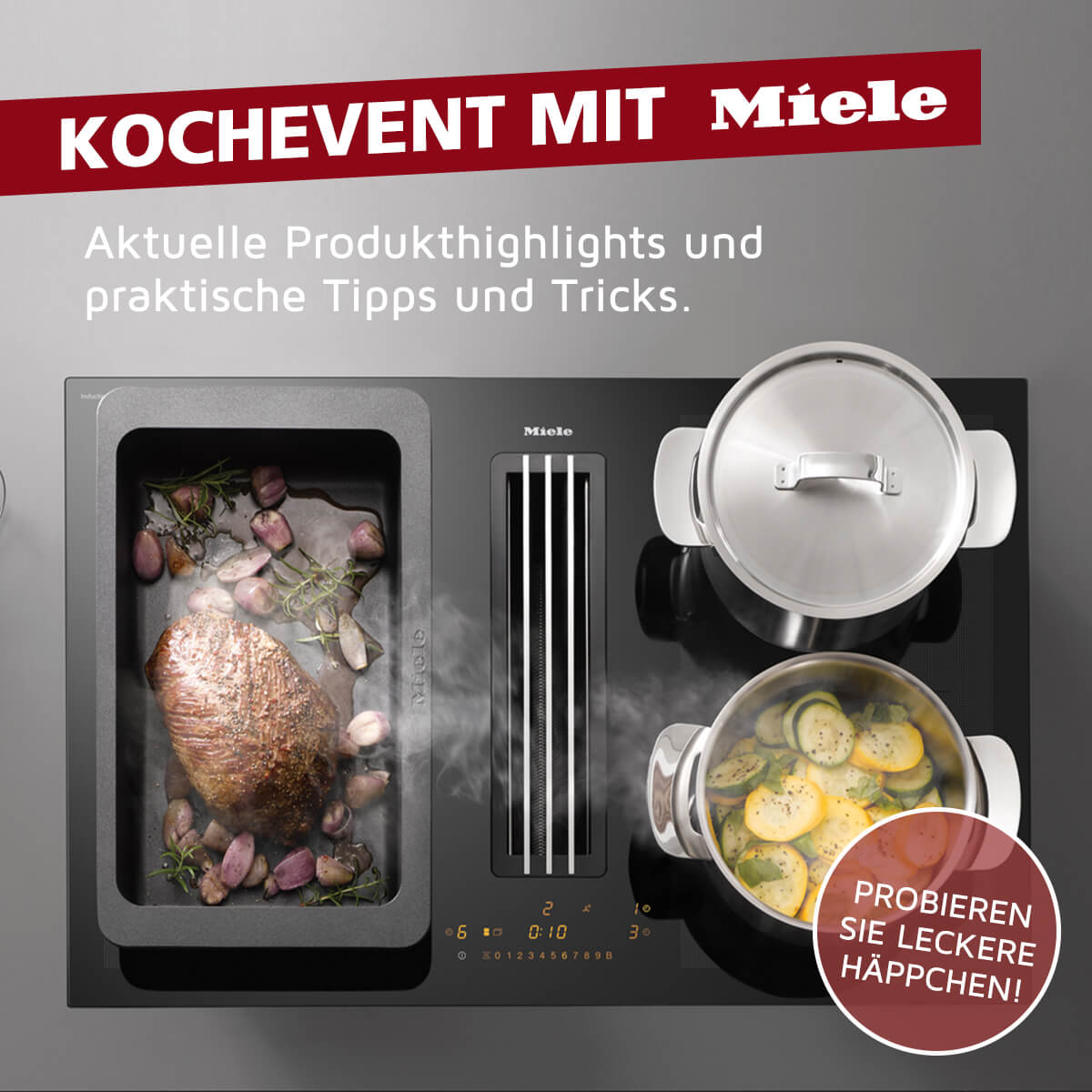 Aufnahme eines modernen Kochfeldes der Marke Miele mit integriertem Dunstabzug und einer Grillfläche mit einem großen Braten