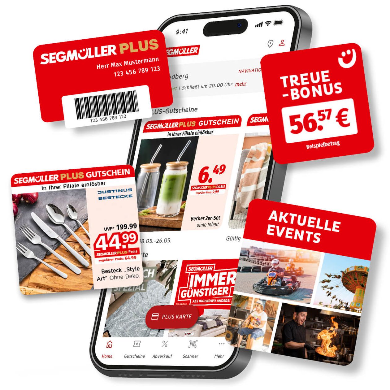 Smartphone zeigt Shopping-App mit Segmüller Plus Angeboten, einschließlich Rabatten, Prämien und Veranstaltungsinformationen.