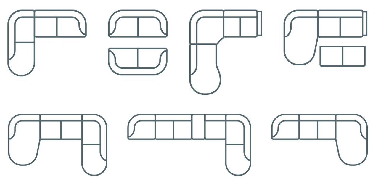 Infografik zu möglichen Kombinationsmöglichkeiten des planbaren Sofas MIU aus den SEGMÜLLER Werkstätten