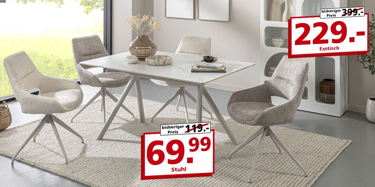 Angebotsteaser, der ein helles modernes Wohnzimmer zeigt und den Esstisch sowie die Esstischstühle mit günstigen Preisen bewirbt.