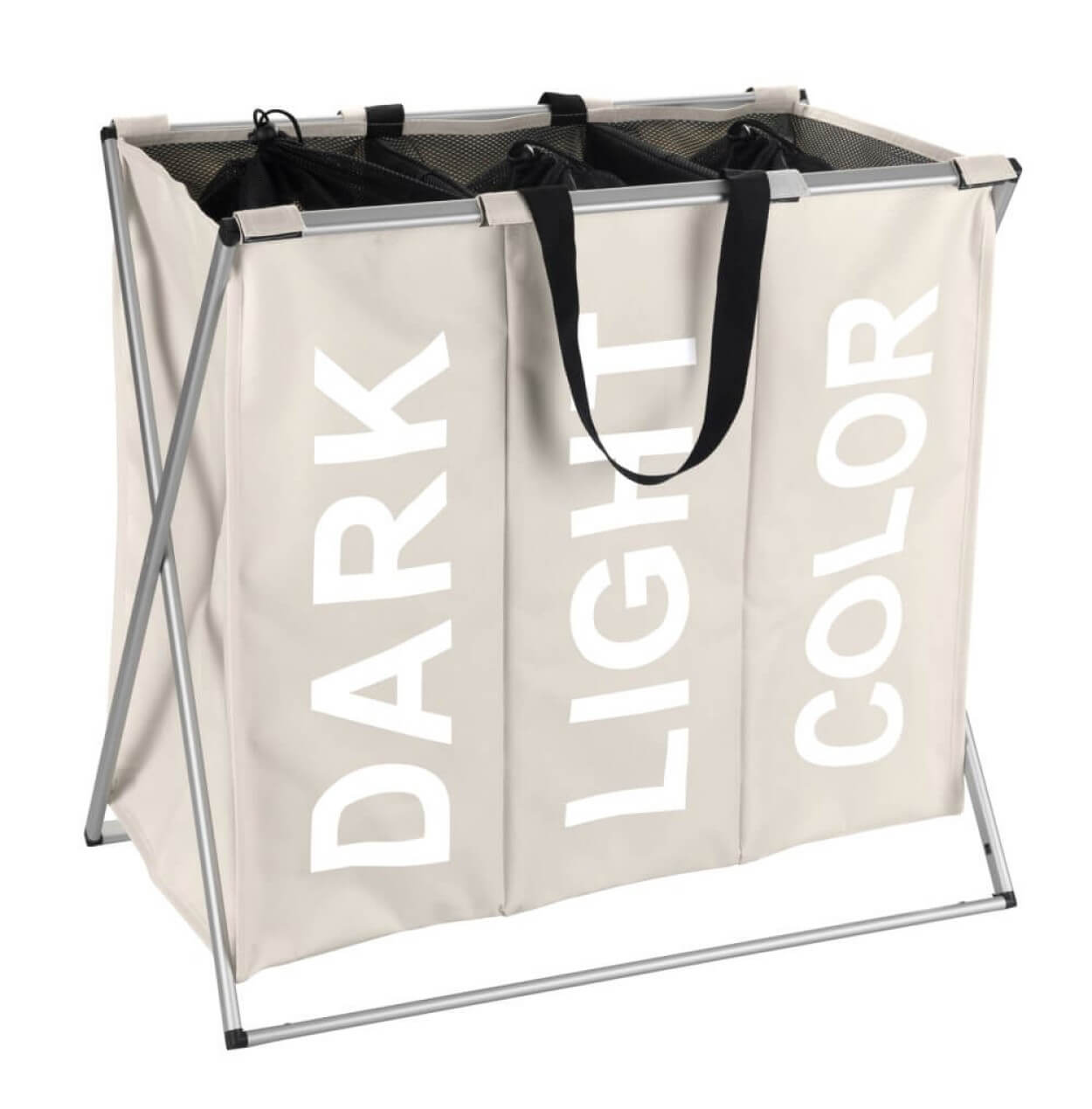 Wäschekorb trio von wenko mit drei Fächern und beschrifteten Behältern, Dark, Light und Color. Er hat einen Metallrahmen und Stoffbehälter.