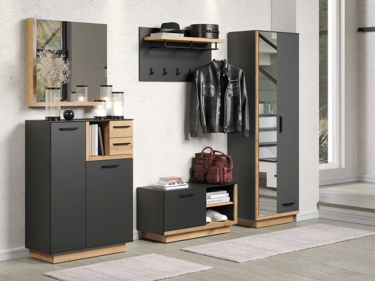 Garderobenserie Synnax von trendteam: Korpus und Front aus Holzwerkstoff mit Melaminharzfolie Anthrazit und Coast Evoke Eiche