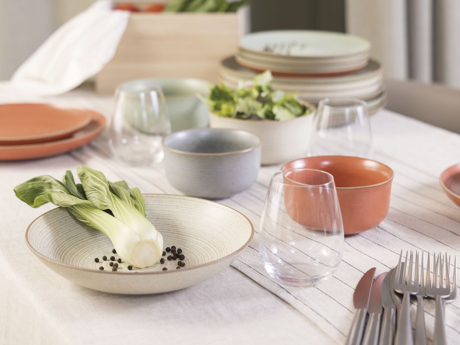 Ein Holztisch gedeckt mit Schüsseln und Tellern der Serie Nature der Marke Thomas. Sie sind gefertigt aus Steinzeug in den Farben Blau, Braun, Grün und Orange.