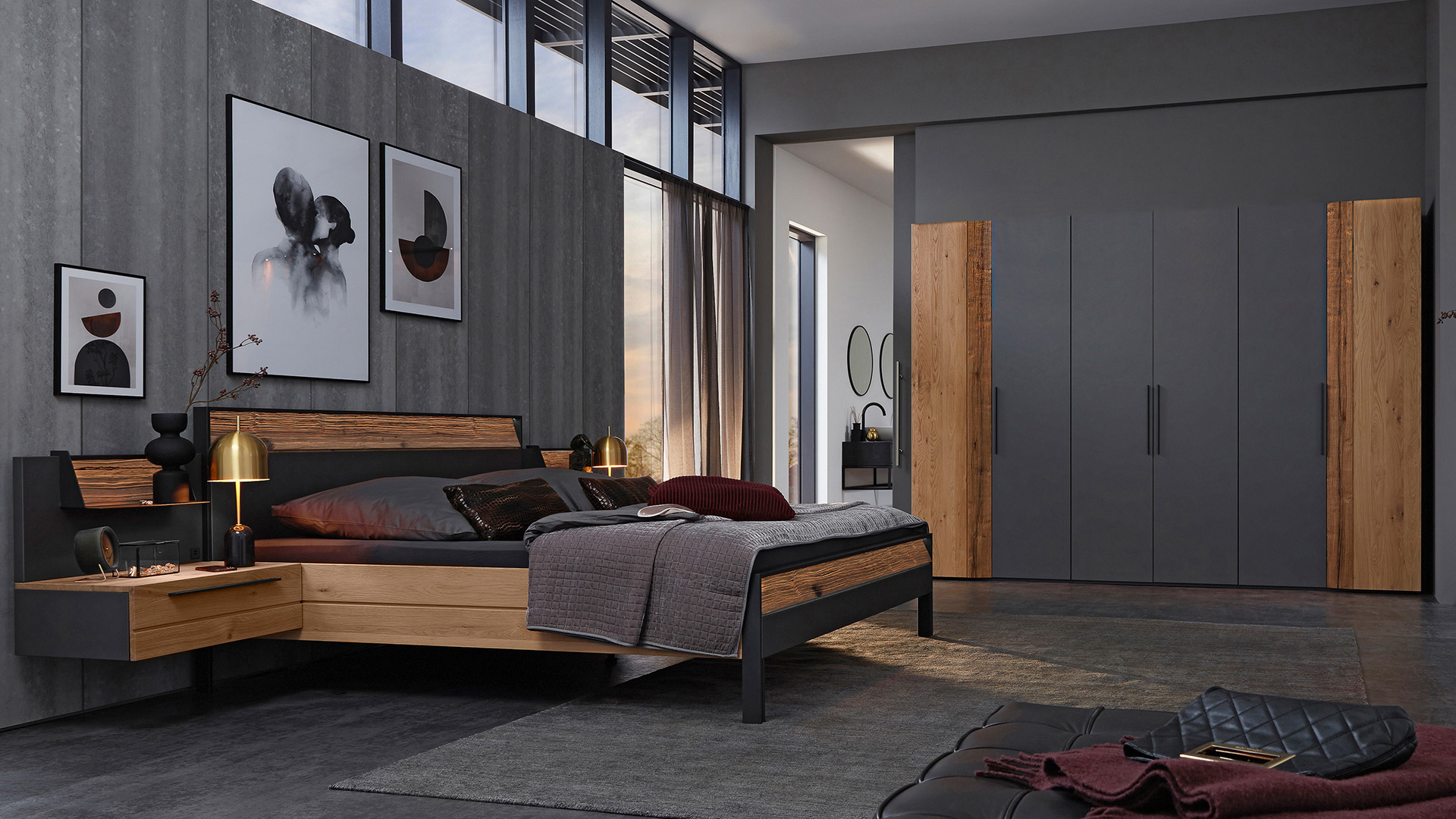 Das dunkle Schlafzimmer-Set Joline von Musterring mit Lackflächen in Graphit und Absetzungen in massiver Wildeiche und Spaltholz