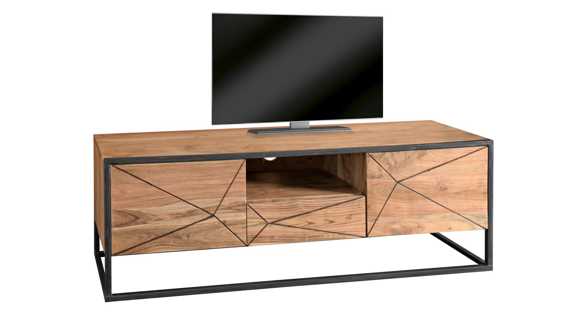 Das Lowboard Kite von Wolf Möbel ist aus geölter Akazie gefertigt und hat ein Gestell aus Eisen