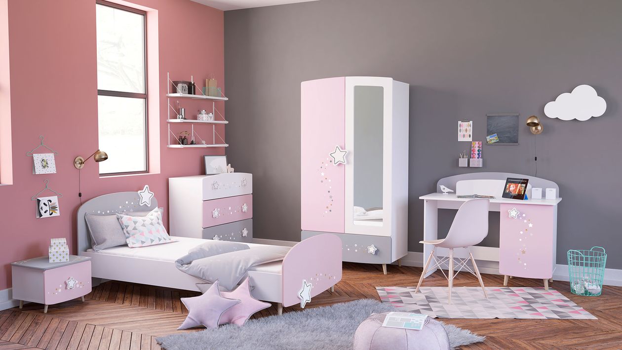 Das verspielte Kinderzimmer Stella von Demeyere mit Melaminharzfolie in pastellrosa und -grau, mit 3-farbigem Sternenmotiv in Siebdrucktechnik