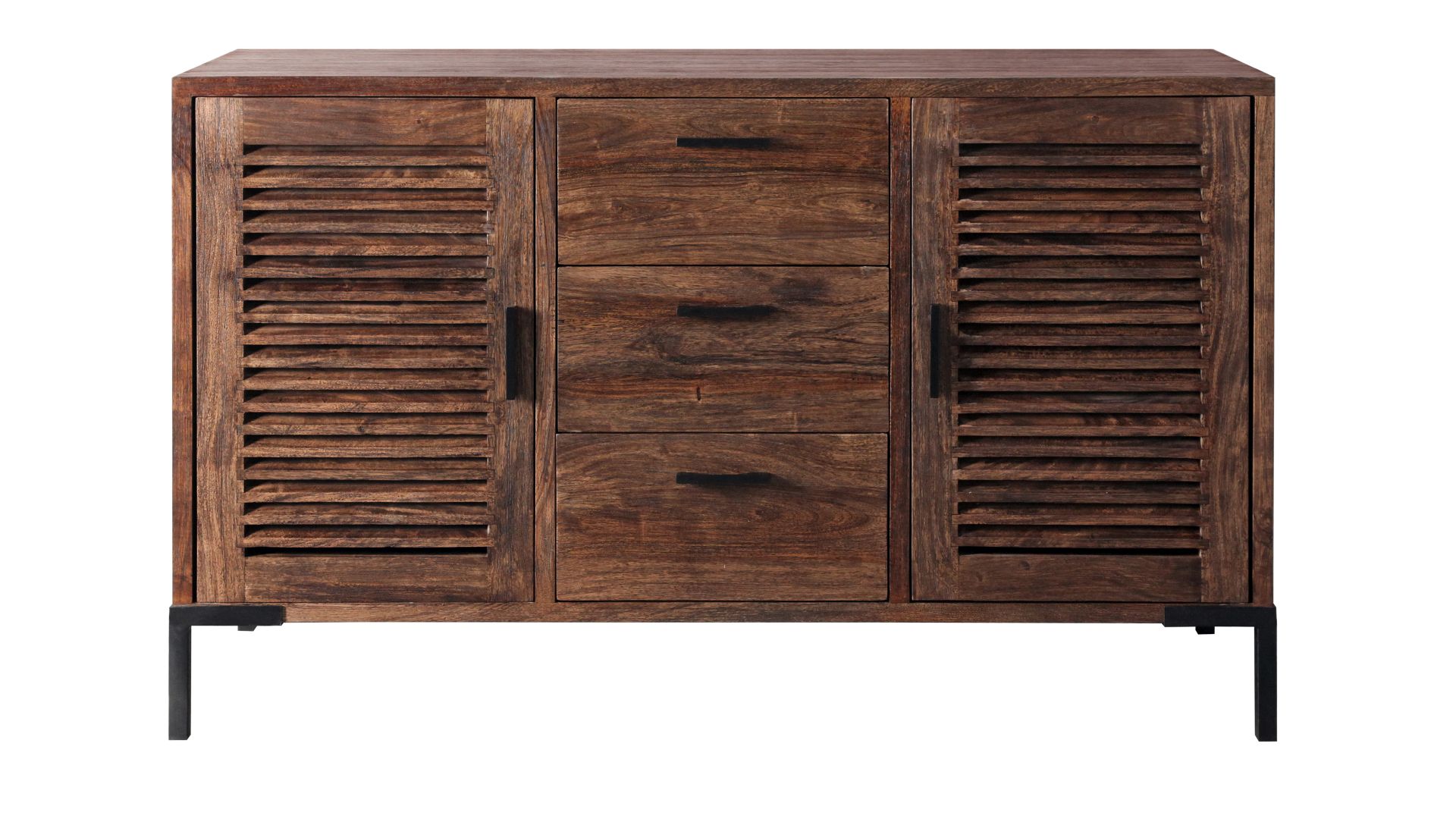 Die Kommode Detroit von Wolf Möbel ist aus Akazie gefertigt und hat ein Metallgestell.