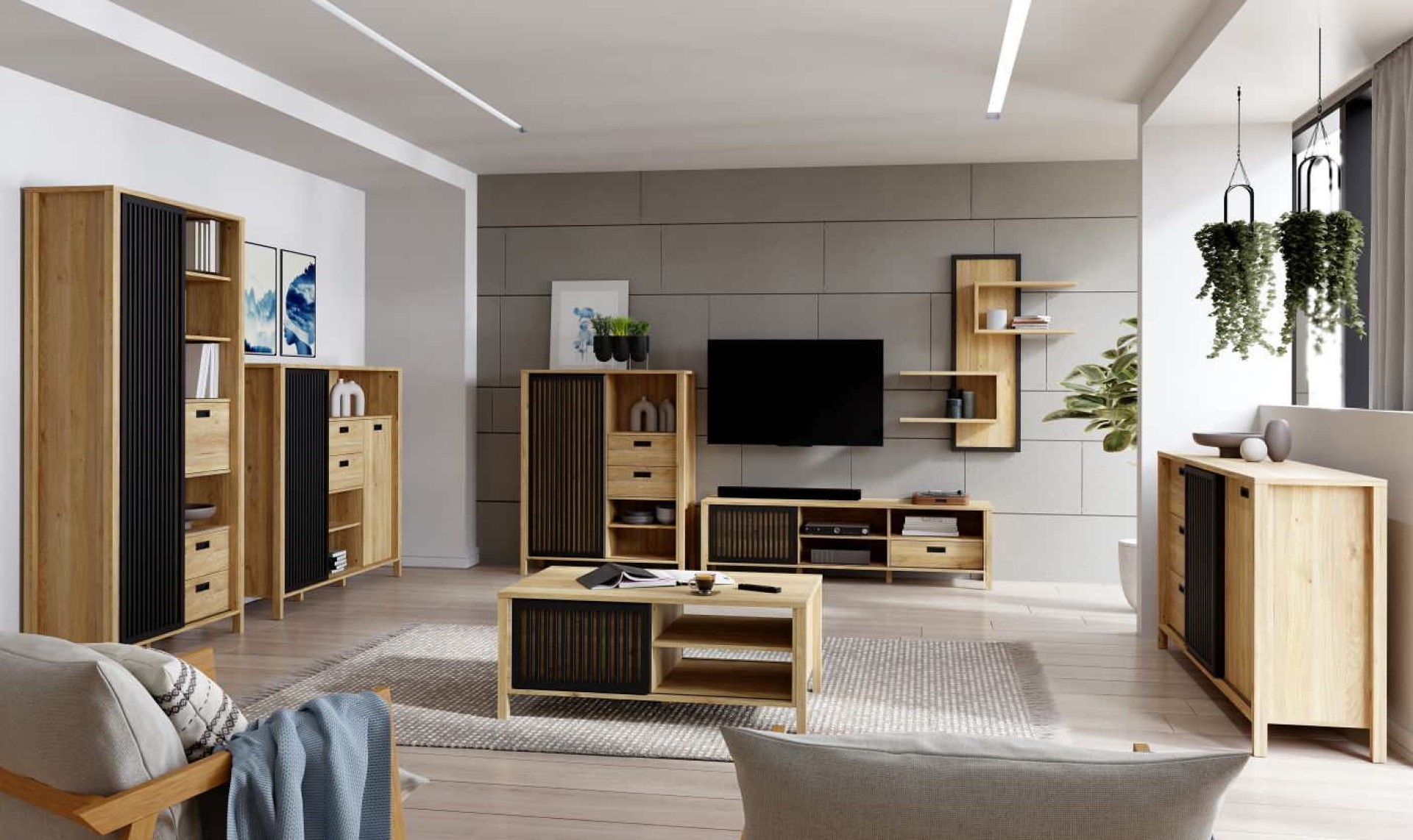 Highboard Jytana aus dem Hause FORTE in brauner Holzoptik arrangiert mit mehreren Kommoden in verschiedenen Größen soie einer Wohnwand in einem modern eingerichteten Raum