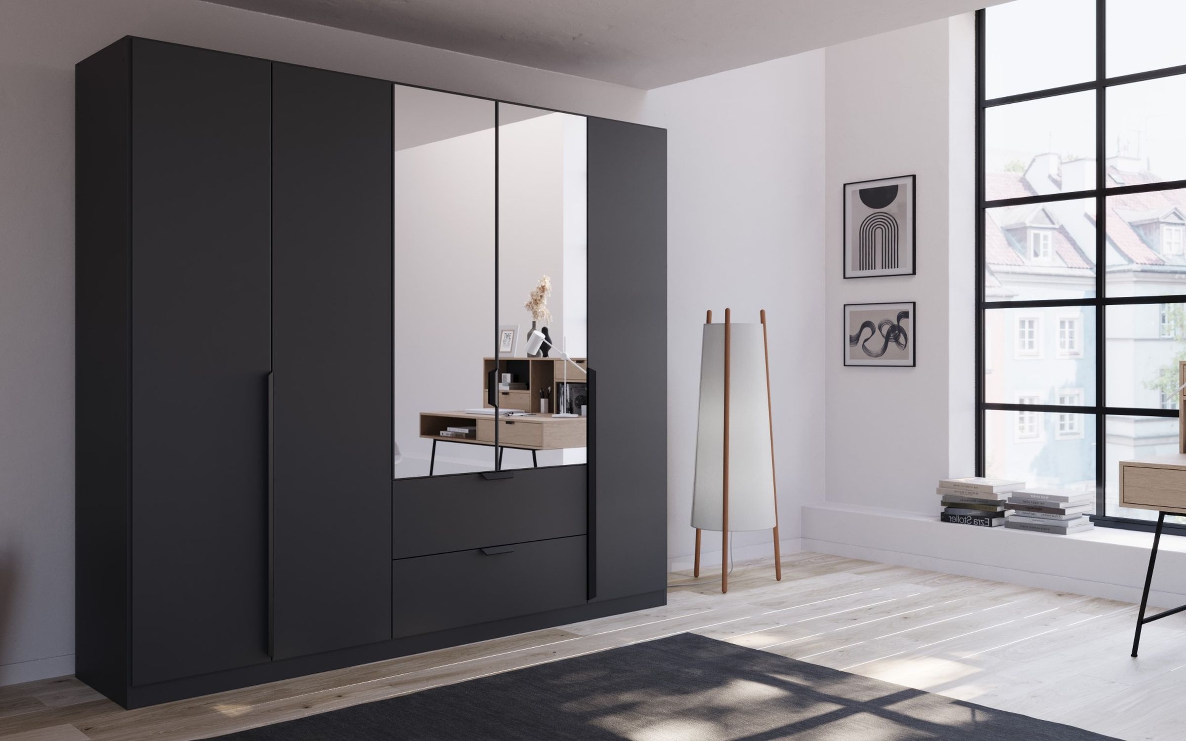 Kleiderschrank Ragona-Spin der Marke rauch ORANGE in schwarzer Holzoptik mit Schwebetüren in einem modern gehaltenem Zimmer