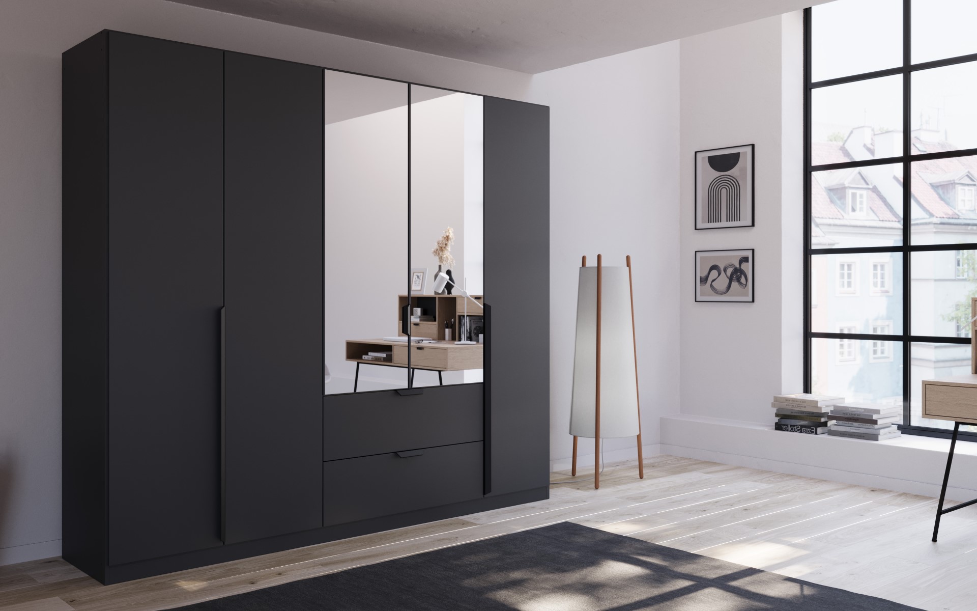 Kleiderschrank Ragona-Spin der Marke rauch ORANGE in schwarzer Holzoptik mit Schwebetüren in einem modern gehaltenem Zimmer