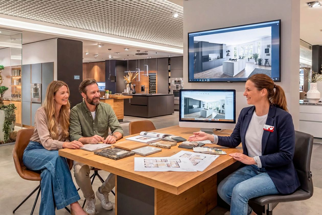 Ein Paar und eine Beraterin betrachten Pläne und Muster für eine Küchengestaltung an einem Tisch in einem Showroom.
