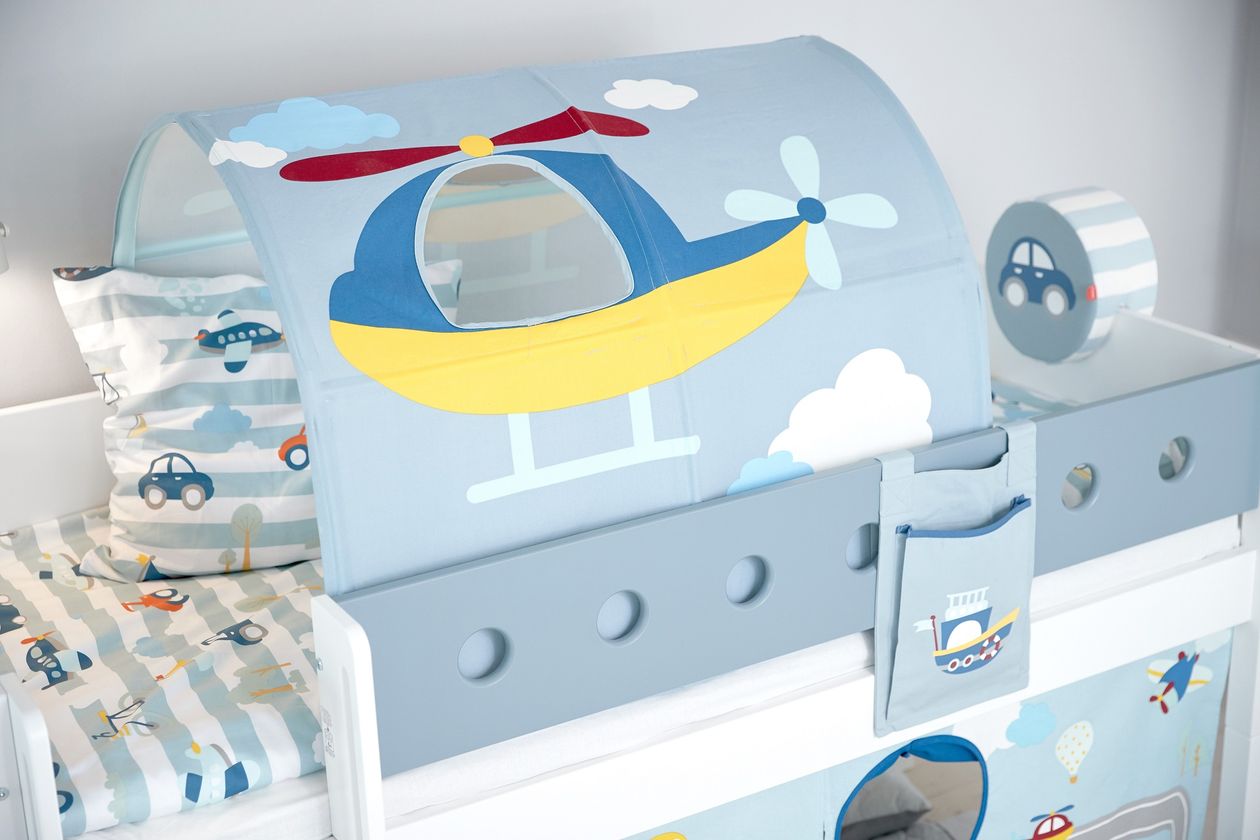 Produktbild: Höhle Transport der Marke Flexa in Grau und Blau mit Hubschraubermotiv