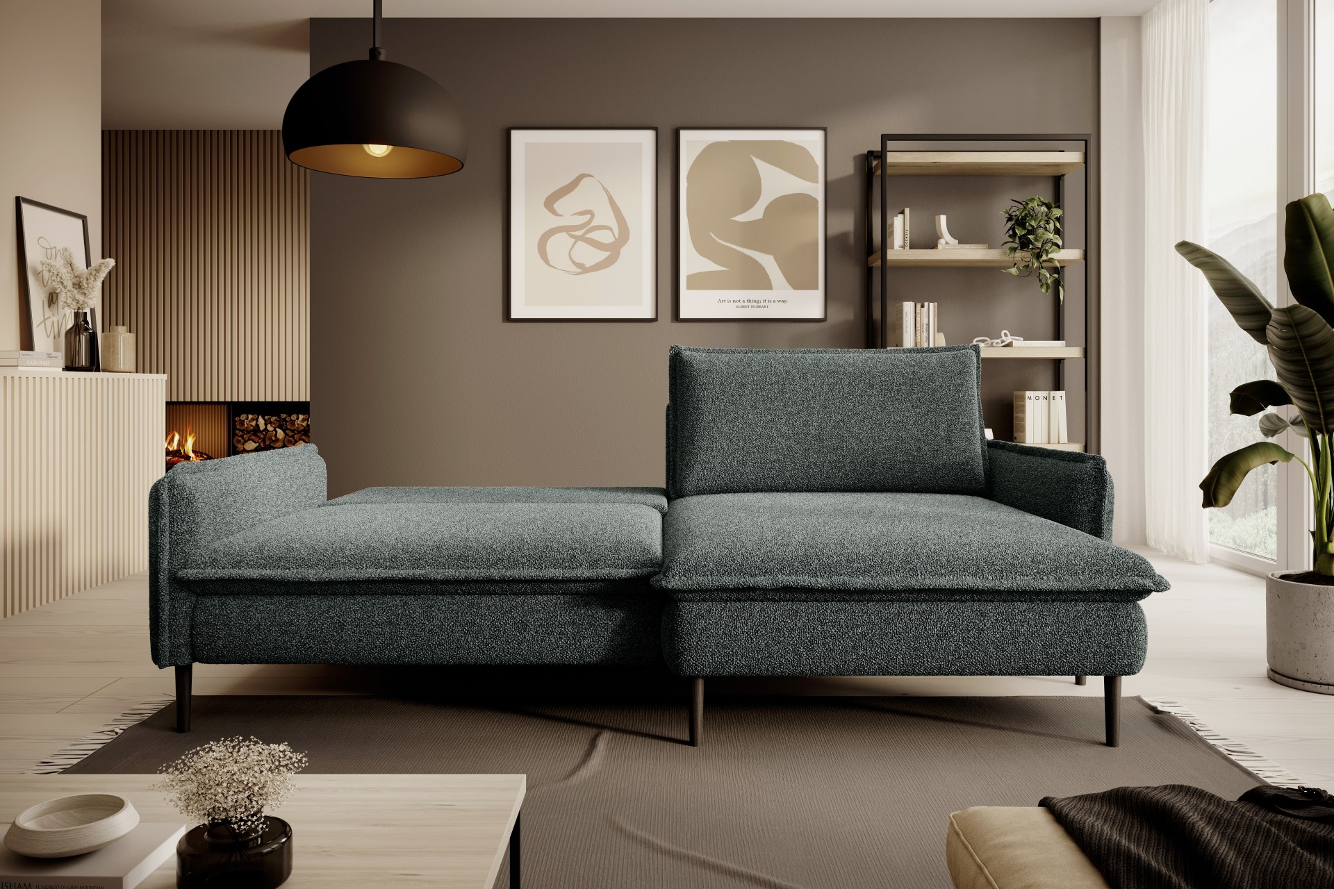 Ecksofa Glossy II aus grünem Stoff mit umklappbarer Rückenlehne als Schlafoption für Gäste in einem modern gehaltenem Wohnzimmer