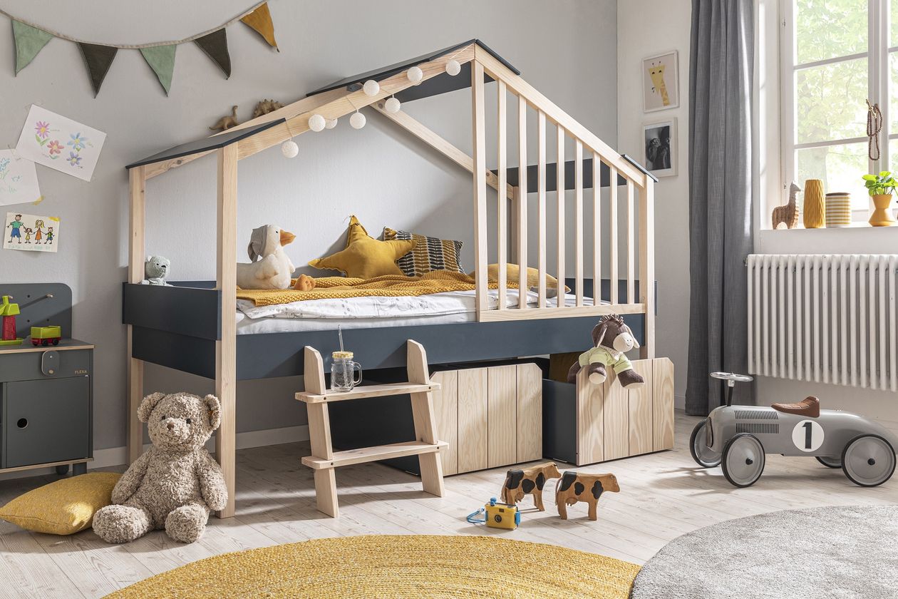 Produktbild: Spielbett Fumi 90 x190 oder 200 cm aus Holz in Dunkelblau