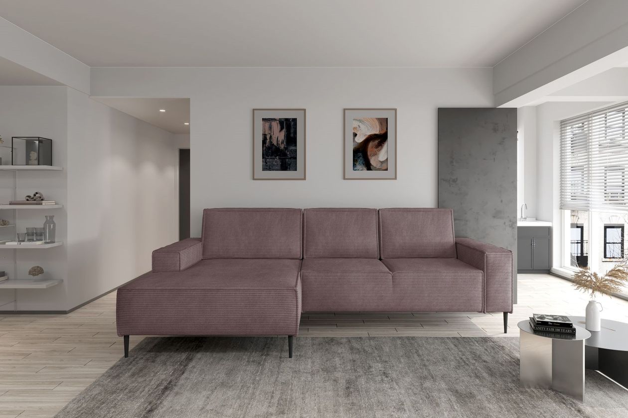 Ecksofa Matano aus altrosa Cord in einem modern gehaltenen Wohnzimmer
