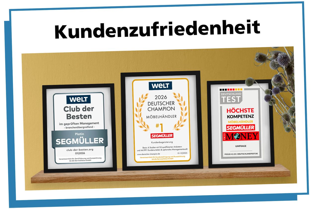 An SEGMÜLLER verliehene Auszeichnungen in Bilderrahmen auf einem Hängeregal an einer gelben Wand